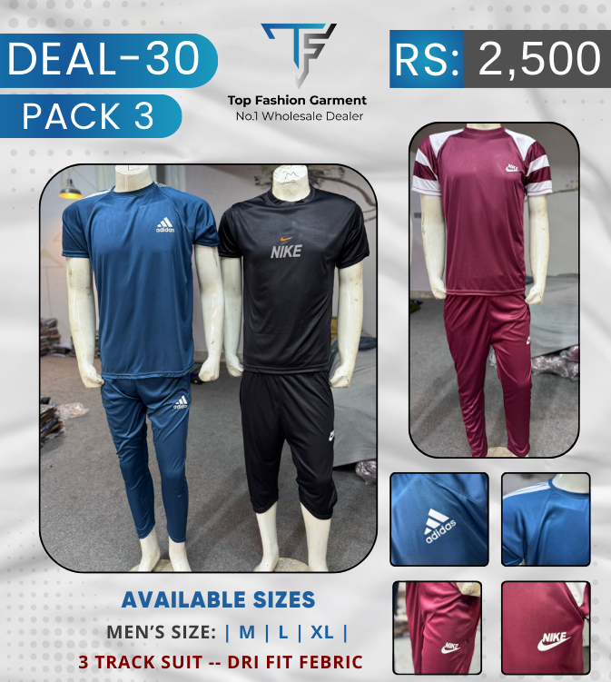 Deal 30 – 3 Piece Men’s Dri-Fit Track Suit Set | Premium Sportswear (M-L-XL)