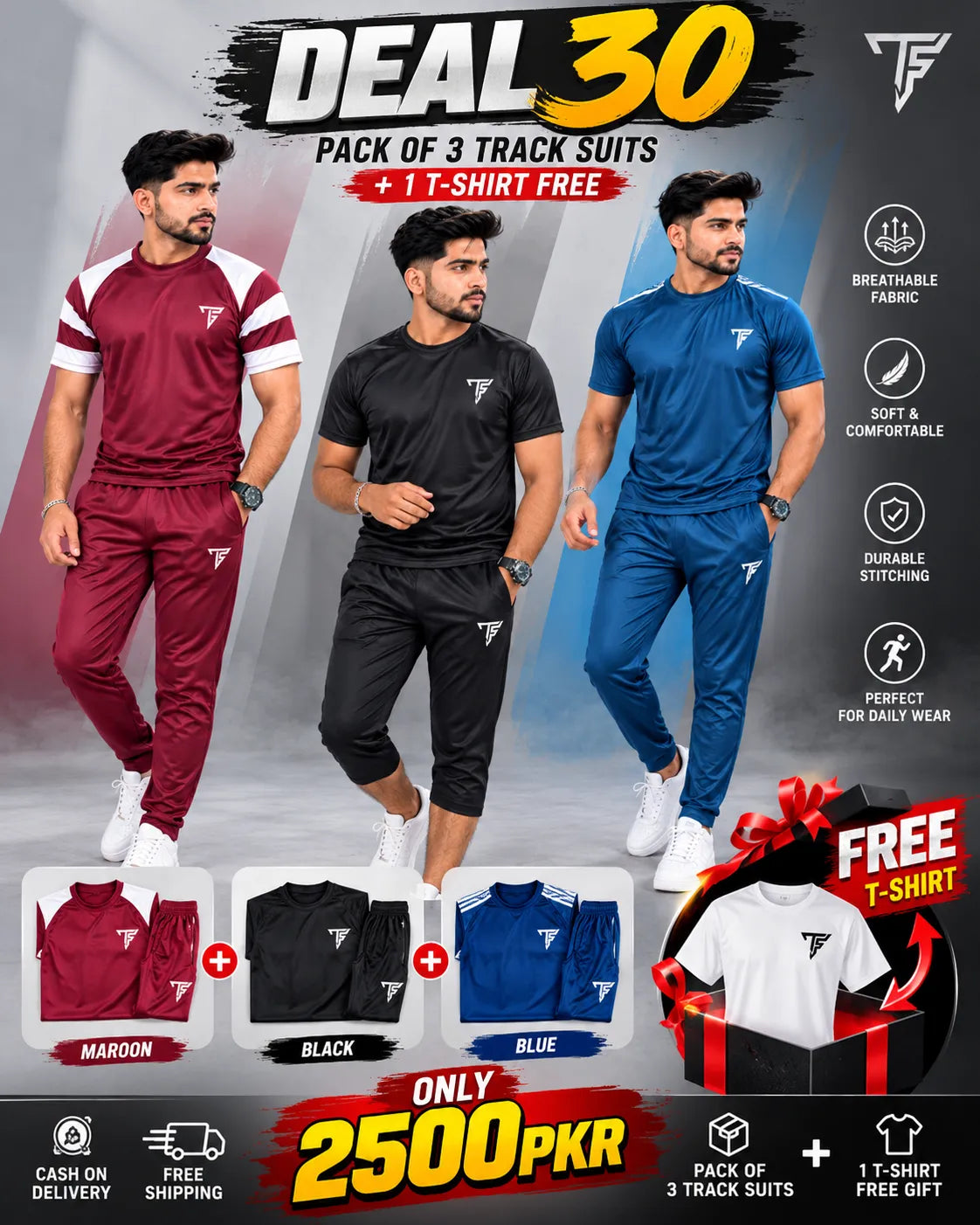 Deal 30 – 3 Piece Men’s Dri-Fit Track Suit Set + FREE T-Shirt | Premium Sportswear
